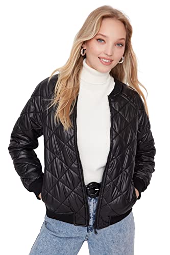 Trendyol Damska kurtka zimowa z długim rękawem bomberka z kołnierzem, Czarny, XS