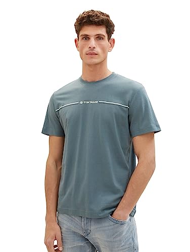 T-shirt męski TOM TAILOR z nadrukiem w paski i logo, 32506-zakurzony ciemny turkusowy, XL