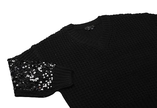 faina Damski sweter z dzianiny z dekoltem w serek i cekinowymi rękawami, czarny, rozmiar XS/S, czarny, XL