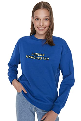 TRENDYOL Damska bluza Crew Neck with Slogan Regular, Saxe Blue, XS