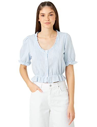 Koton Damska koszulka Crop Puff Sleeve Ruffle Button Detail Shirt, Niebieski (639), 36
