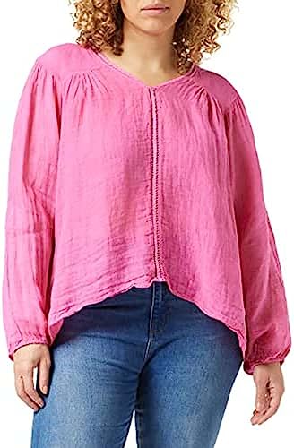 Bonateks, Top z dekoltem w serek, wstawką koronkową i półrękawami, 100% len, rozmiar DE:40, rozmiar US:XL, topy, malinowy - wyprodukowano we Włoszech, Rosa, 40