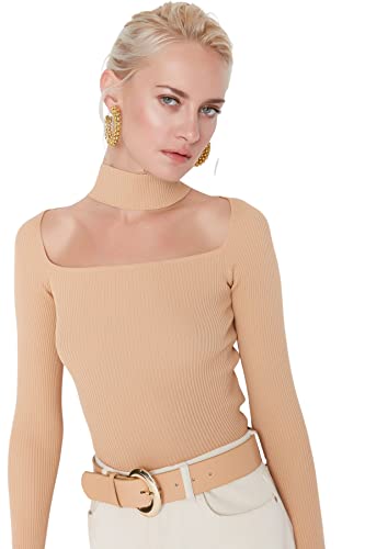 Trendyol Damska bluza Choker z wysokim dekoltem, gładka, slim sweter, wielbłądzi, S, Wielbłądzi