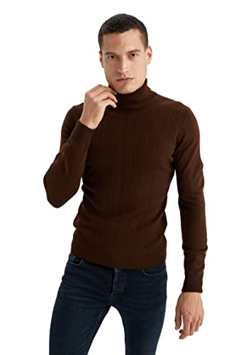 DeFacto Męski sweter z dzianiny z długim rękawem okrągły dekolt - slim fit sweter dla mężczyzn topy (brązowy, XL), brązowy, XL