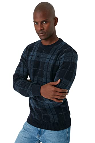 Trendyol Męska bluza z okrągłym dekoltem w kratę slim sweter, granatowy, L, granatowy, L