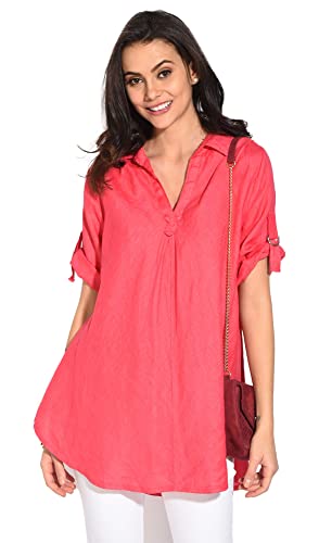 Bonateks damska top 100% lniana tunika Made in Italy, bluzka z dekoltem w serek i długim rękawem, czerwona, rozmiar: XL, Czerwona, XL