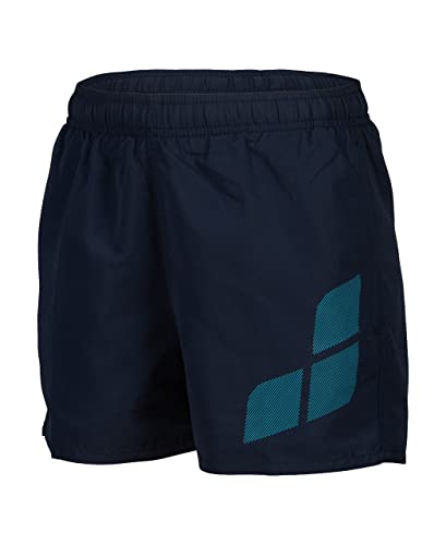 Arena Boys' Beach Short Logo R Swim Trunks Unisex - dla dzieci i chłopców, Navy-turquoise, 12-13 lat