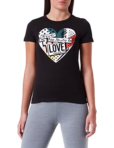 Love Moschino Damska koszulka slim fit z krótkim rękawem z patchworkowym nadrukiem serca, czarny, 42