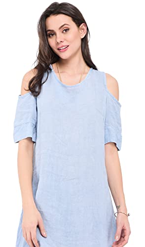 Sukienka damska 100% lniana Made in Italy, luźna sukienka z okrągłym dekoltem i kieszeniami, deserowa, rozmiar: S, Pustynia, S