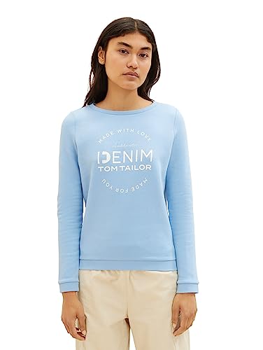 TOM TAILOR Denim Damski sweter z nadrukiem logo i ramieniem marszczącym, 11139-Soft Charming Blue, M, 11139-soft Charming Blue, M