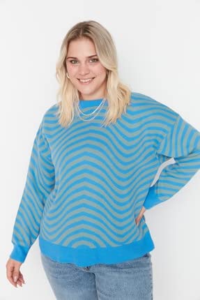 Trendyol Damska bluza z okrągłym dekoltem w paski, regularny sweter plus size, indygo, XL, Indygo