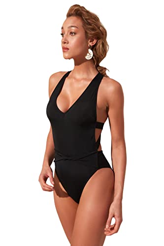 Trendyol Women's szczegółowy kostium kąpielowy z tyłu One Piece kostium kąpielowy, czarny, 36