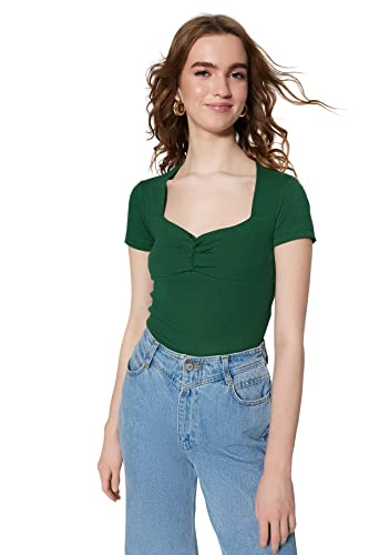 Trendyol Damska bluzka z dzianiny Slim Fit Basic Sweetheart, szmaragdowa, S, Szmaragd, S