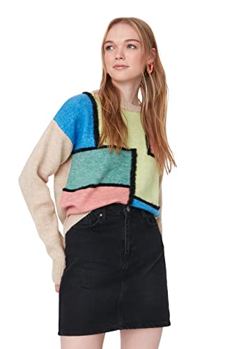 Trendyol Damska bluza z okrągłym dekoltem w bloki kolorów, KAMIEŃ, L