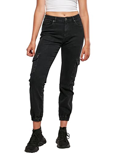 Urban Classics Damskie spodnie z bawełny ekologicznej z naszytymi kieszeniami, damskie spodnie cargo z organic stretch dostępne w 4 kolorach, rozmiary 26-34, Black washed