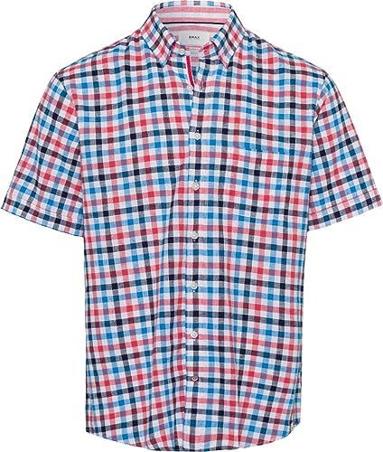 BRAX Męska koszula z krótkim rękawem Dan C Cotton Linen SLUB w kratkę koszula z krótkim rękawem, ocean, L, Ocean, L