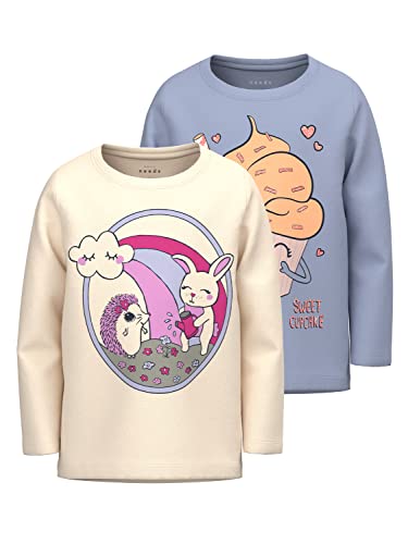 NAME IT Girl's NMFVIX 2P LS TOP TT koszulka z długim rękawem, krem motylkowy/opakowanie: wentyl, 110, Krem maślany/opakowanie: eventide, 110 cm