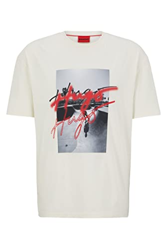 HUGO Męski t-shirt oversize z bawełny organicznej z grafiką z logo, Open White118, L