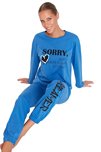 Trendyol Damska koszulka z dzianiny średniej średniej długości — spodnie piżamowe zestaw, NIEBIESKI, M