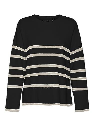 VERO MODA Damski sweter VMSABA LS z okrągłym dekoltem, w paski GA NOOS, czarny/paski: W Birch, M, Czarne/paski: w Birch, M