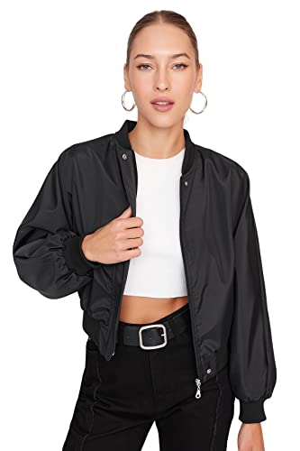 Trendyol Damska kurtka zimowa z okrągłym kołnierzem, jednokolorowa, oversize, czarna, M, Czarny