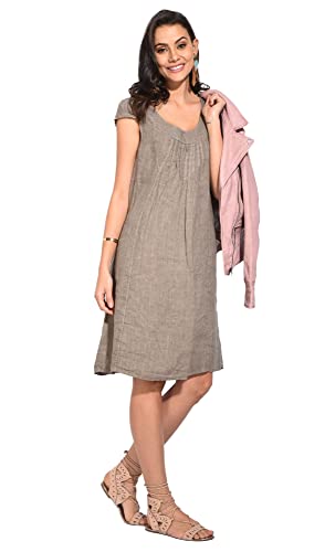 Sukienka damska 100% lniana Made in Italy, długa sukienka z dekoltem w serek z kwiatowym nadrukiem, biała, rozmiar: L, biały, L