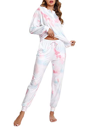 Doaraha piżama damska zima bawełna długi krawat 2 szt. Koszule Nocne Dekolt Znakomity Sexy i Comfort S-XXL, Niebieski+różowy, L