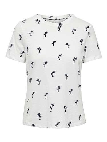 ONLY Women's ONLBONE REG S/S AOP TOP Box JRS T-Shirt, Cloud Dancer/Print:Palm, XL, Cloud Dancer/nadruk: palm, XL