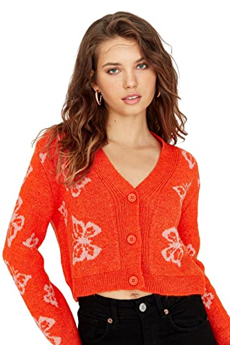 Trendyol Damski sweter z dekoltem w serek z nadrukiem zwierzęcym, pomarańczowy, M, pomarańczowy, M