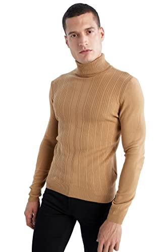 DeFacto Męski sweter z dzianiny z długim rękawem okrągły dekolt - slim fit sweter dla mężczyzn topy (beżowy melanż, XS), Be?owy Melan?, XS