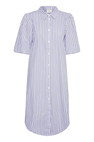KAFFE damska koszula dress Button Up krótki rękaw, biała/niebieska paski, 46