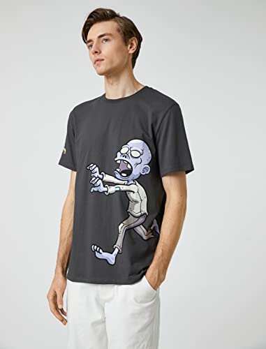 Koton Męski T-shirt oversize z nadrukiem, z okrągłym dekoltem, krótki rękaw, Szary (023), M