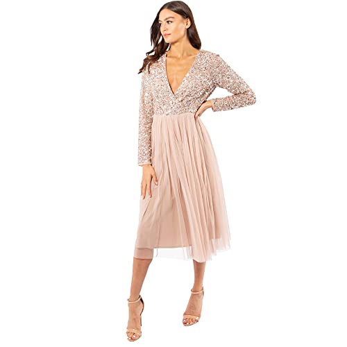 Maya Deluxe Elegancka damska sukienka koktajlowa, na wesele, z dekoltem w kształcie litery V, sukienka koktajlowa, na bal absolwentów, dla druhny, taupe Blush, 46