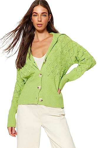 Trendyol FeMan Oversize Basic kardigan z dzianiny z dekoltem polo, zielony orzechowy, S, Zieleń orzechowa, S