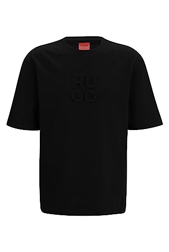 HUGO Męski T-shirt Dleek Relaxed-Fit z bawełny z logo Stack, czarny (Black1), Medium