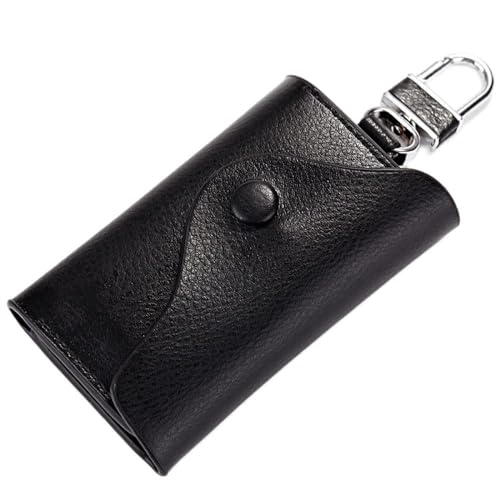 Aznze Unisex ręcznie wykonany breloczek do kluczy z prawdziwej skóry, wąski, kompaktowy, etui na klucze ze skóry, portfel, sześć kluczy Hook Case, etui na karty – czarny