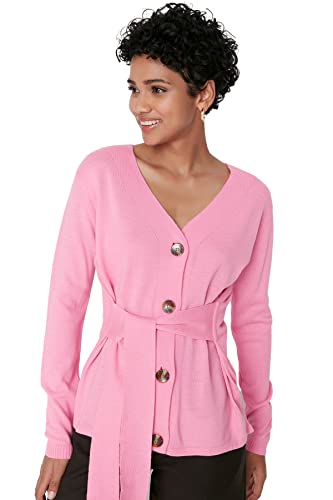 Trendyol Damski standardowy standardowy kardigan z dzianiny z dekoltem w serek, różowy, S