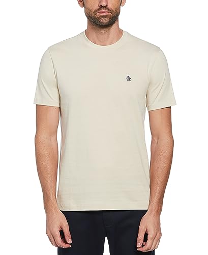 ORIGINAL PENGUIN - Koszulka męska, Pin Point Haftowane Logo T Shirt, 100% bawełna, Krótki rękaw, Płatki owsiane, L, Szarobeżowy, L
