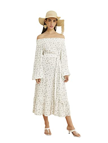 Koton Damska sukienka w kwiaty Midi Off The Shoulder Waistbanded, Green Design (7d5), 48