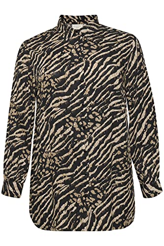 Damska koszula Kaffe Curve Plus Size Button Up Printed Luźny krój długie rękawy, Czarny i brązowy zwierzęcy nadruk, 50/du?y rozmiar