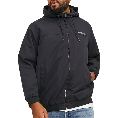 JACK & JONES PLUS Męska kurtka bomberka JJERUSH Hood Bomber NOOS PLS, czarna/szczegóły: SOLID, 3XL, czarny/szczegół: solidny.
