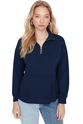 Trendyol Damska bluza polo z okrągłym dekoltem, zwykła, granatowa, XS, granatowy