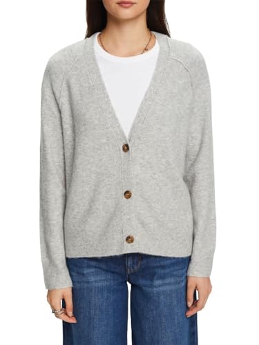 ESPRIT Kardigan zapinany na guziki z dekoltem w serek, mieszanka wełny, jasnoszary, XXL