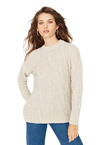 Trendyol Damska bluza z okrągłym dekoltem z dzianiny regularna bluza, BEŻOWY, L
