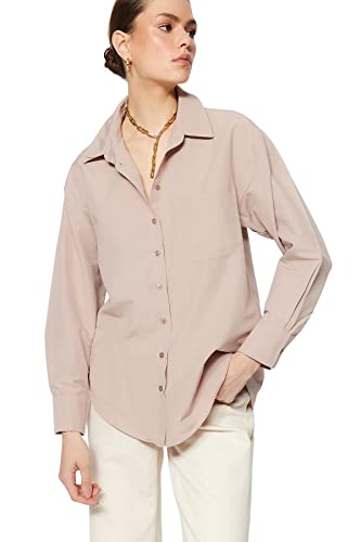 Trendyol Damska koszula basicowa oversize basic, tkana koszula z kołnierzem, Skała, 34
