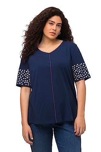 Ulla Popken, Damska koszulka z krótkim rękawem, duże rozmiary, gwiazdy, dekolt w serek, półrękaw, granatowy, 62/64