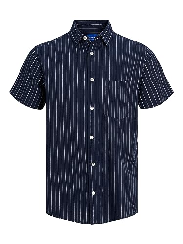 JACK & JONES Męska koszula z krótkim rękawem len, Navy Blazer/Stripes:/, L