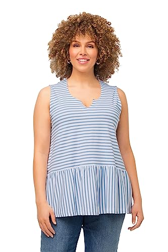 Ulla Popken Damski top, w paski, linia A, dekolt tuniki, koszulka bez rękawów, jasny niebieski, 46/48