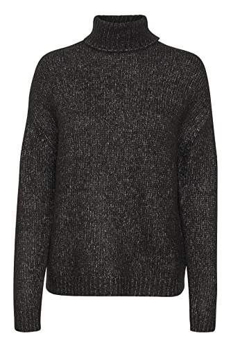 KAFFE damski sweter z dzianiny z dekoltem w serek turtleneck wstążka detale długie rękawy, Black Melange, XL