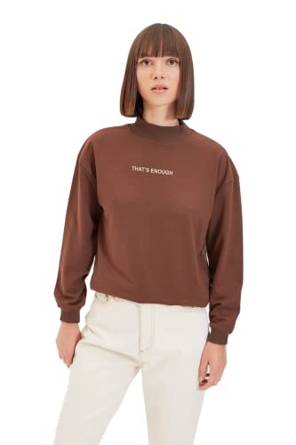Trendyol Damska bluza z wysokim dekoltem z sloganem, brązowa, S, Brązowy